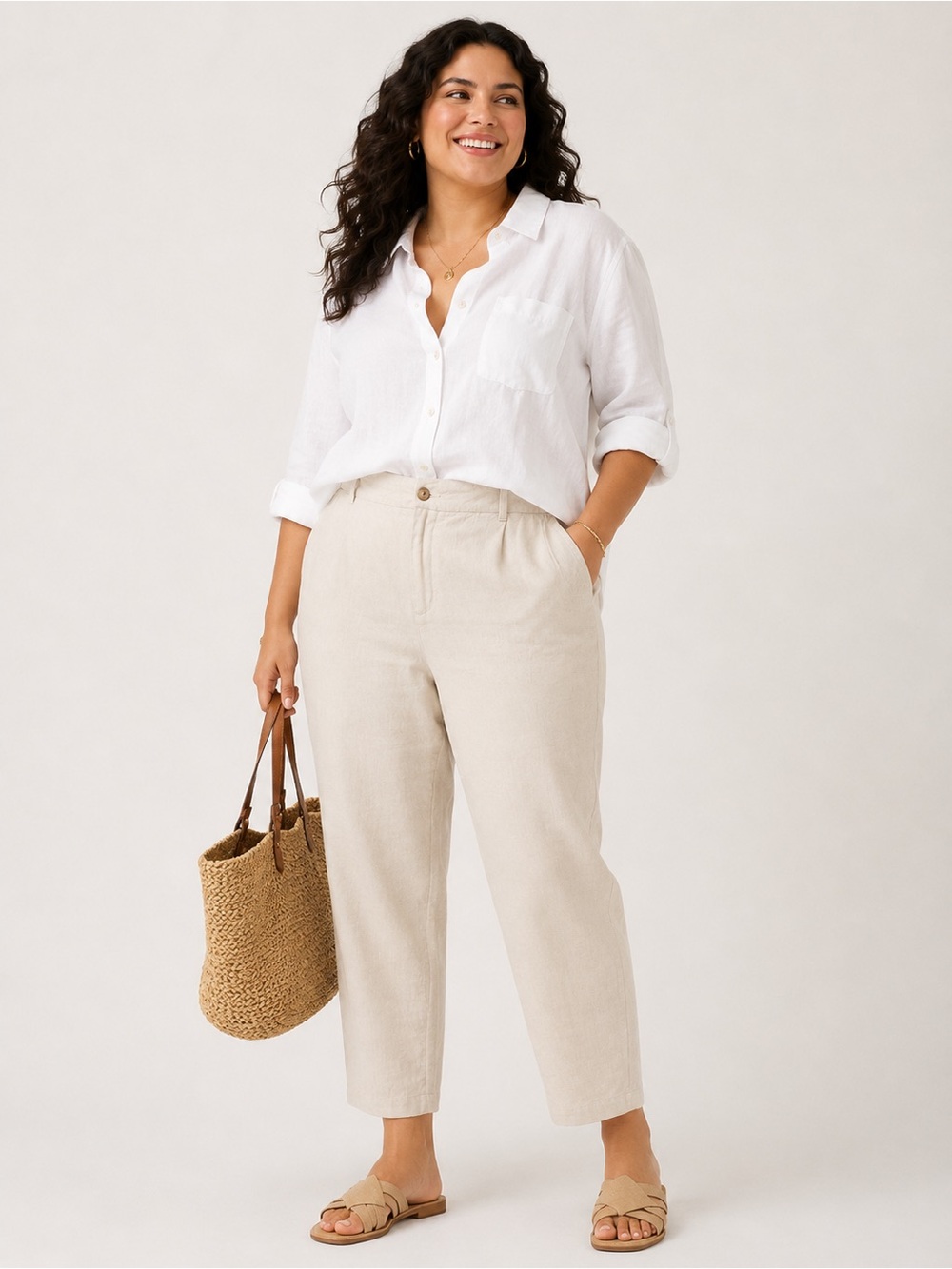 A New Day Linen Blend‎ Tapered Pants Women’s Size 18 Beige Pull On Career Casual
